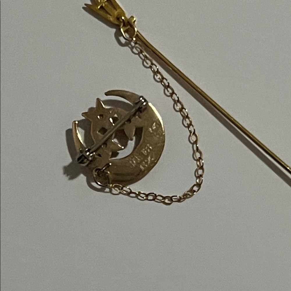 Vintage Art Deco 10K Gold Tri Delta Moon & Star Chain Stick Pin Brooch - Picture 10 of 14